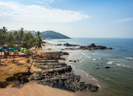 Vagator or Ozran beach aerial panoramic view in north Goa, India